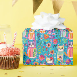 Papel De Regalo Gatos y flores coloridas cumpleaños suntuoso