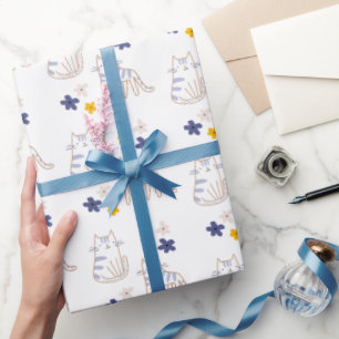 Papel De Regalo Gatos y flores en blanco