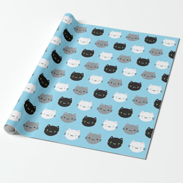 Papel De Regalo Gatos y gatitos lindos de Kawaii (azules) (Desenrollado)