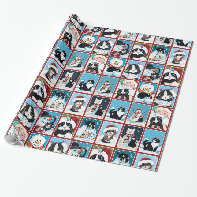 Papel De Regalo Gatos y hombres de nieve navidades (Desenrollado)