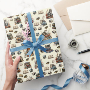 Papel De Regalo Gatos y libros sobre amarillo claro
