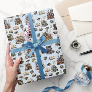 Papel De Regalo Gatos y libros sobre azul claro