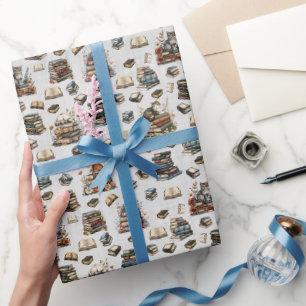 Papel De Regalo Gatos y libros sobre gris pálido