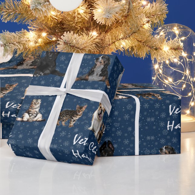Papel De Regalo Gatos y perros veterinarios en azul (Vacaciones)