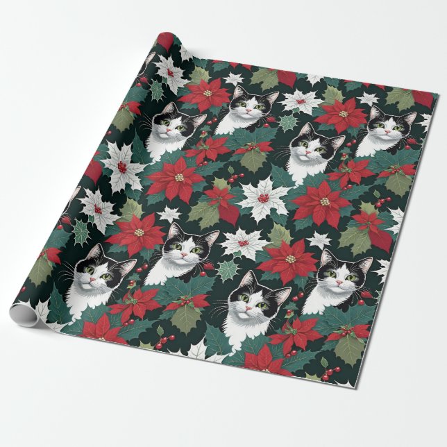 Papel De Regalo Gatos Y Poinsettias De Navidades De Vacaciones (Desenrollado)