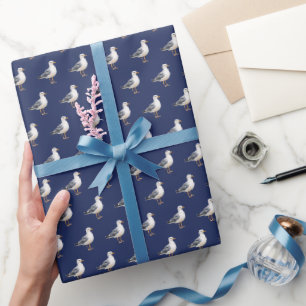 Papel De Regalo Gaviota Ave Playa Océano Costa Acuarela Azul