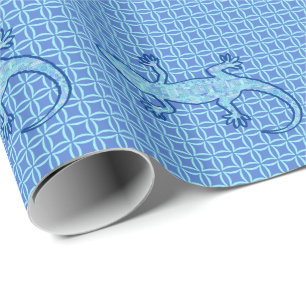Papel De Regalo Gecko tribal del batik - azul suave del dril de