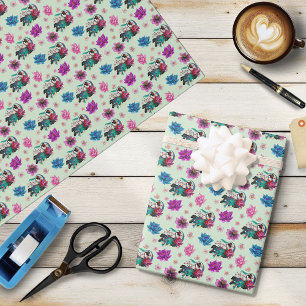 Papel De Regalo Geisha asiática Dragón Flor de Cerezo Azul