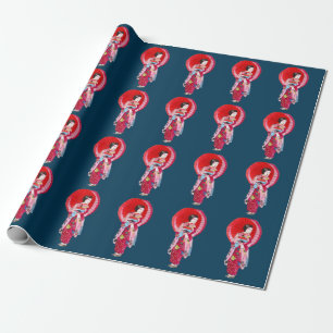 Papel De Regalo Geisha kimono rojo japonés arte lindo