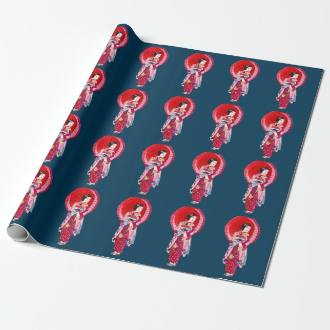 Papel De Regalo Geisha kimono rojo japonés arte lindo (Desenrollado)