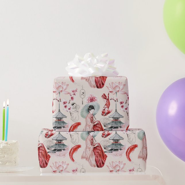 Papel De Regalo Geisha Oriental, Koi Fish, Pagoda Japonesa (Regalos de fiesta)