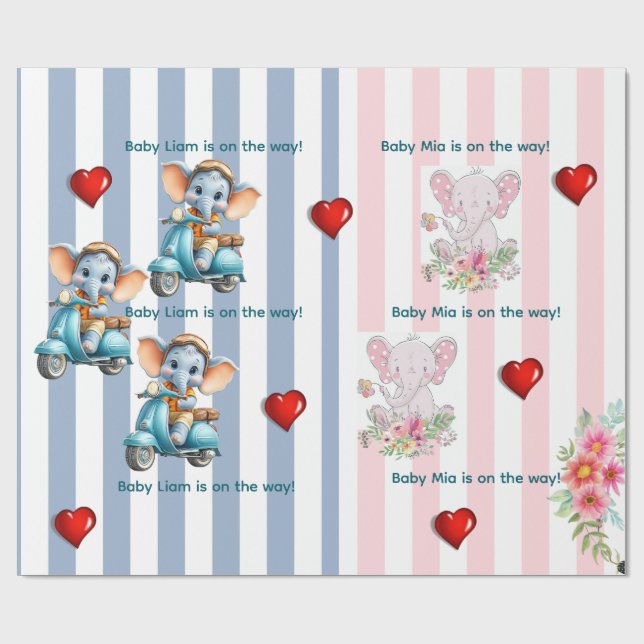 Papel de Regalo Gemelos Azul Rosa Raya Elefante (Superficie plana)