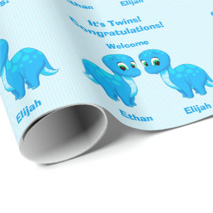 Papel De Regalo Gemelos azules lindos del dinosaurio del bebé
