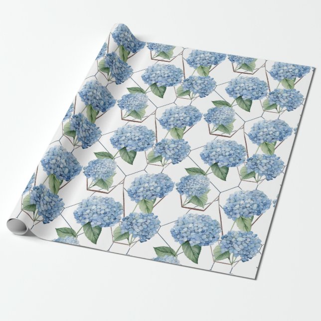 Papel De Regalo Geometría floral - Hydrangeas azules y blancas (Desenrollado)