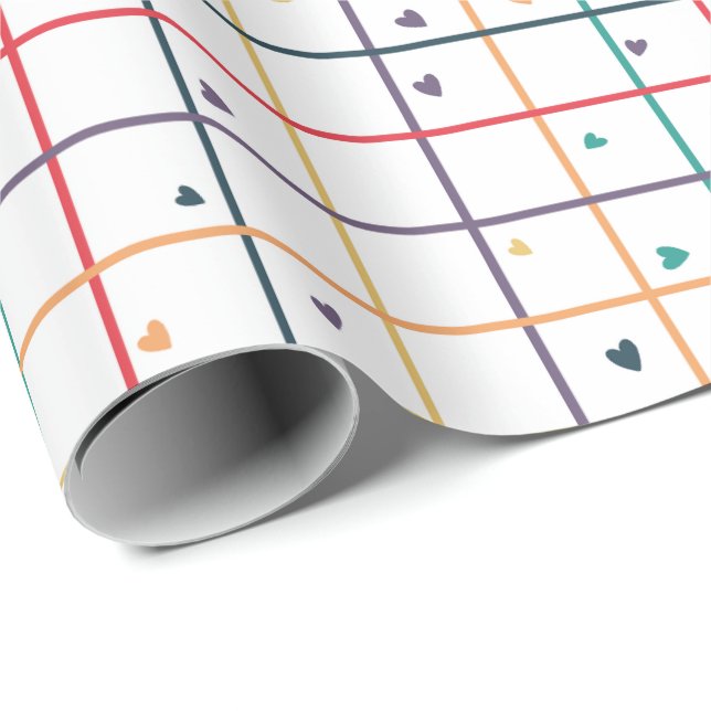 Papel De Regalo Geometric Grid Pattern with Scattered Hearts (Esquina del rollo)