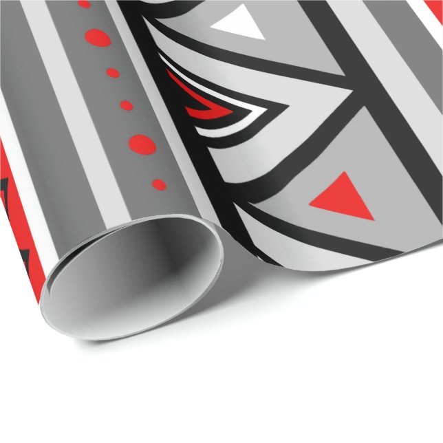 Papel De Regalo Geométrico al sudoeste, rojo modernos y gris/gris (Esquina del rollo)