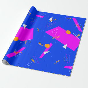 Papel De Regalo Geométrico Retro 80 90 Azul y Neón