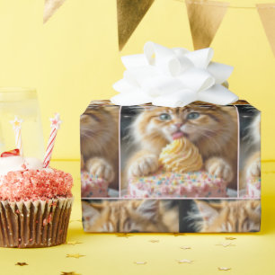 Papel De Regalo Ginger Kitten con una tarta de cumpleaños