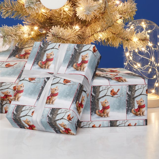 Papel De Regalo Ginger Kitty mirando al cardenal (Vacaciones)