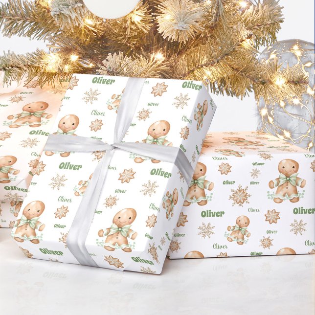 Papel De Regalo Gingerbread Man Boy Nombre Navidades de texto (Gingerbread Man Boy Name Text Christmas Wrapping Paper)