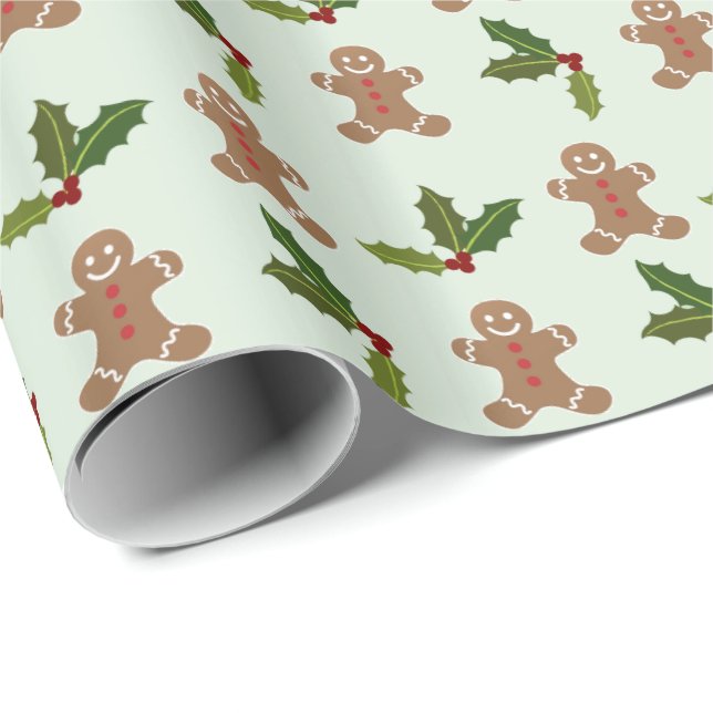 Papel De Regalo Gingerbread Men and Holly Christmas Pattern (Esquina del rollo)