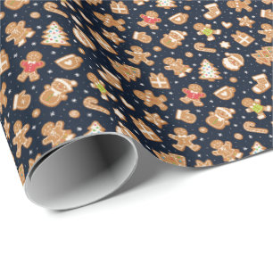 Papel De Regalo Gingerbread Navideño Encantador Festivo Azul Marin
