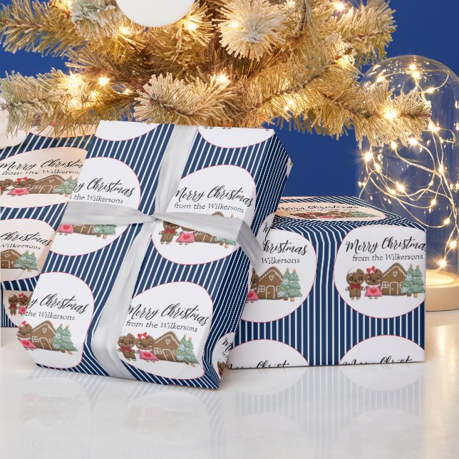 Papel De Regalo Gingerbread People Feliz Navidad Blue Stried (Vacaciones)