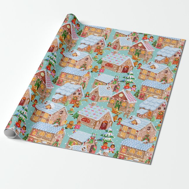 Papel De Regalo Gingerbread Village (aqua) (Desenrollado)