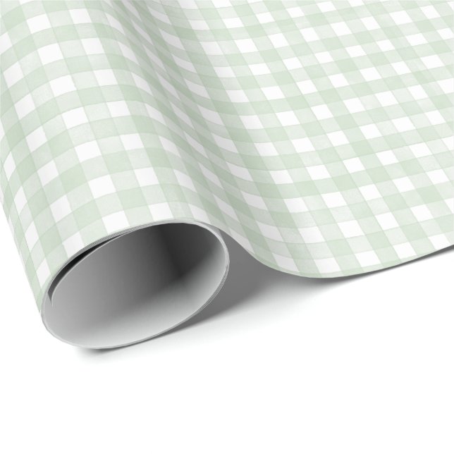 Papel De Regalo Gingham Clásico Verde Salvia (Esquina del rollo)