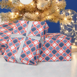 Papel De Regalo Gingham de cuadros rojos, blancos y azules en acua