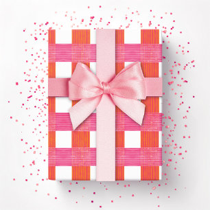 Papel De Regalo Gingham de Tejido en Cuadros en Rosa y Naranja