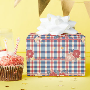 Papel De Regalo Gingham patriótico con acentos florales   Blanco r
