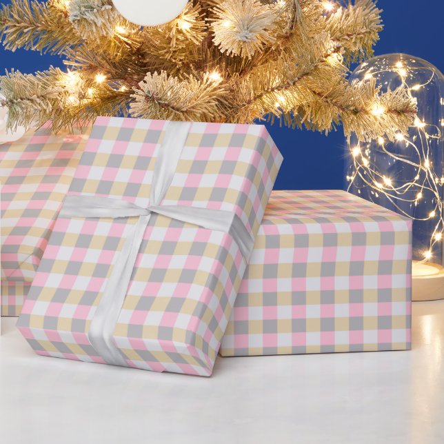 Papel De Regalo Gingham rosa gris y amarillo  (Vacaciones)
