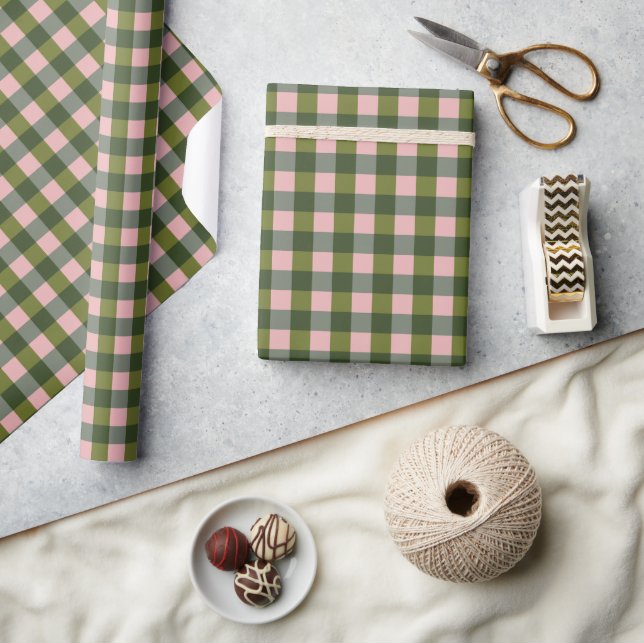 Papel De Regalo Gingham Rosa y Verde de Primavera (Artesanía)