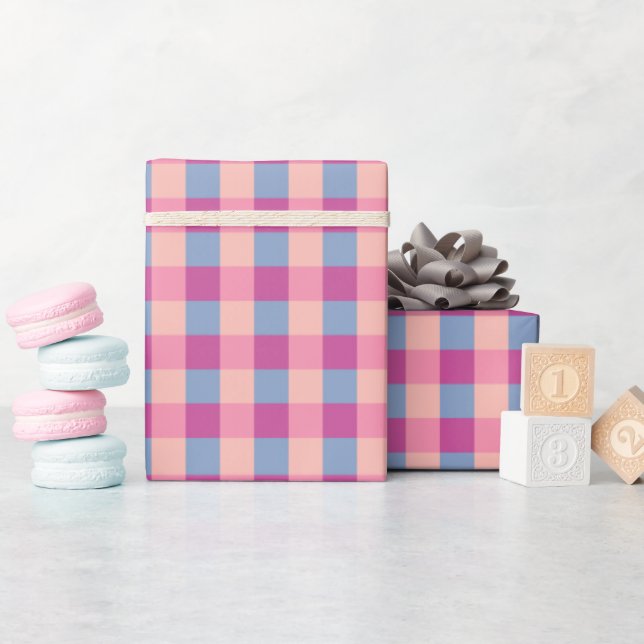 Papel De Regalo Gingham Salmón, Periwinkle y Magenta (Baby Shower)