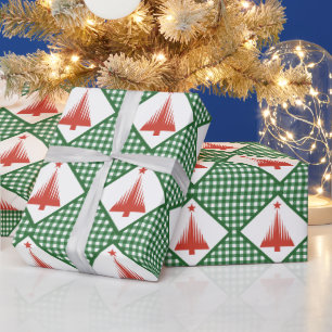 Papel De Regalo Gingham verde de Navidad con árbol rojo