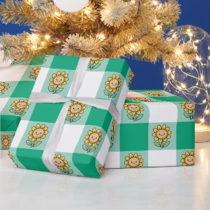 Papel De Regalo Gingham Verde y Girasoles Amarillos