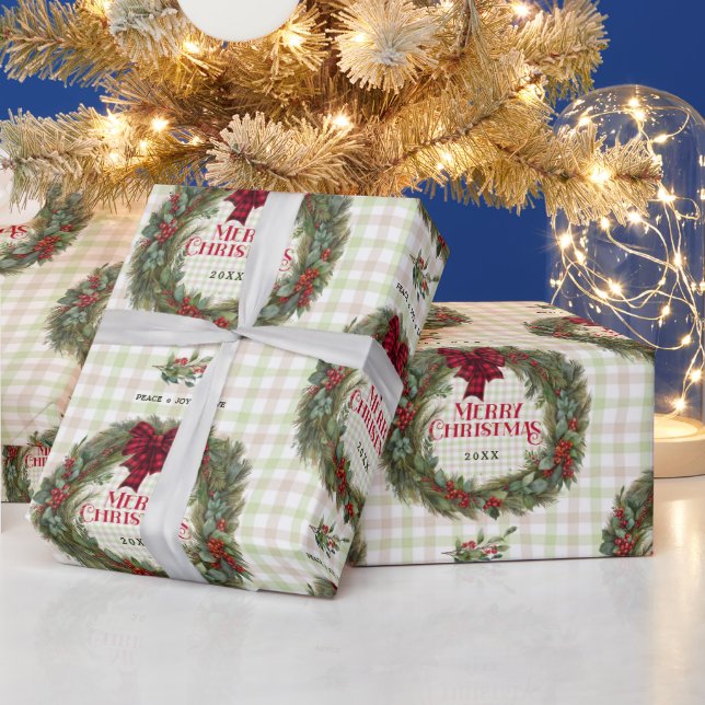 Papel De Regalo Gingham Wreath Watercolor Christmas (Vacaciones)