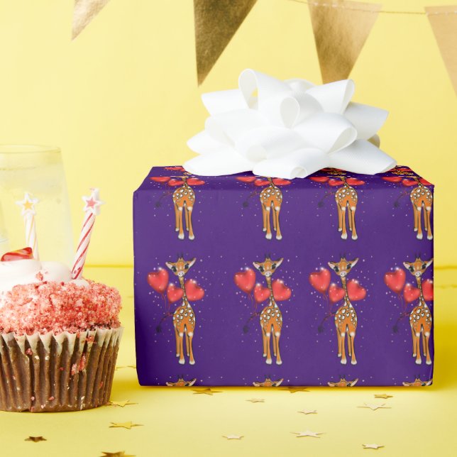 Papel De Regalo Girafa cutánea, globos cardíacos brillantes purpur (Fiesta de cumpleaños )