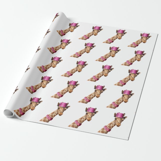 Papel De Regalo Giraffe en gorra rosa brillante (Desenrollado)