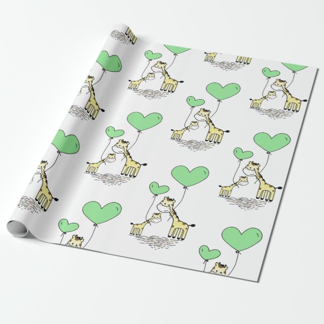 Papel De Regalo Giraffe Green Balloon Mama Baby Shower Boy Chica (Desenrollado)
