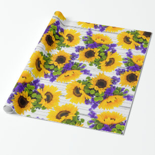 Papel De Regalo Girasol amarillo púrpura de madera blanco rústico