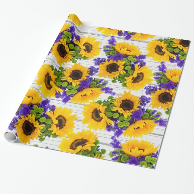 Papel De Regalo Girasol amarillo púrpura de madera blanco rústico (Desenrollado)