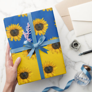 Papel De Regalo Girasol cardíaco en azul y amarillo