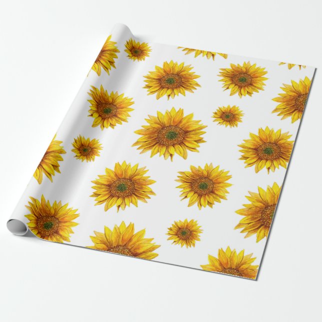 Papel De Regalo girasoles acuarelas. Patrón floral rústico (Desenrollado)