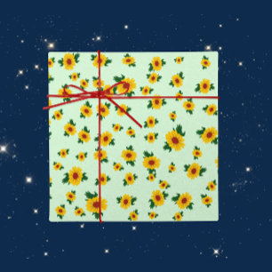 Papel De Regalo Girasoles Amarillos Brillantes sobre Verde Suave