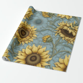 Papel De Regalo girasoles amarillos de fondo azul pálido