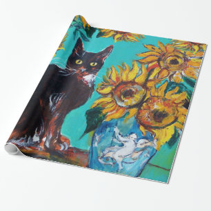 PAPEL DE REGALO GIRASOLES CON GATO NEGRO EN TURQUESA AZUL
