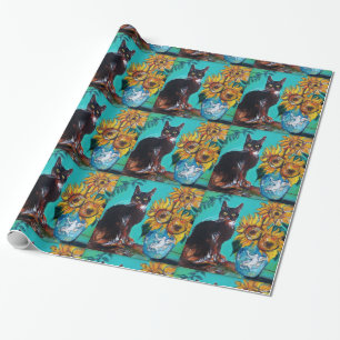 PAPEL DE REGALO GIRASOLES CON GATO NEGRO EN TURQUESA AZUL