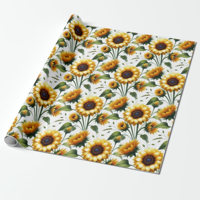 Papel De Regalo Girasoles Flores Amarillas Acuarela Elegante (Desenrollado)